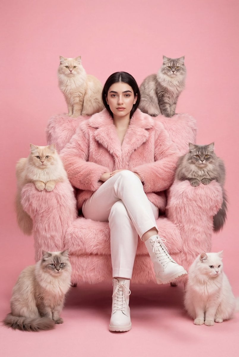Mod Editöryal Portre Kadın Pembe Yapay Kürk Koltuk Kediler ile oluşturulmuş görsel