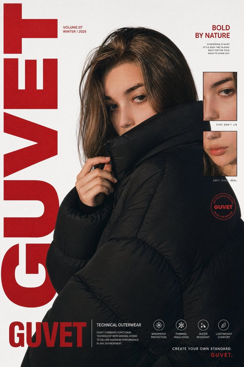 KI-generiertes Bild zum Mode-Editorial-Poster „Junge Frau in schwarzer Pufferjacke“