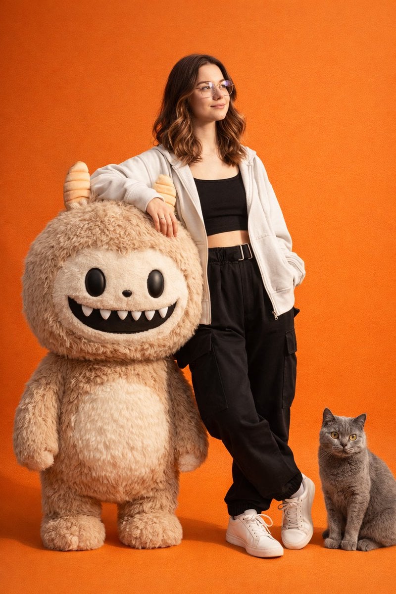 Mode-Editorial Streetwear-Model Labubu-Katze Studio KI-generiertes Bild