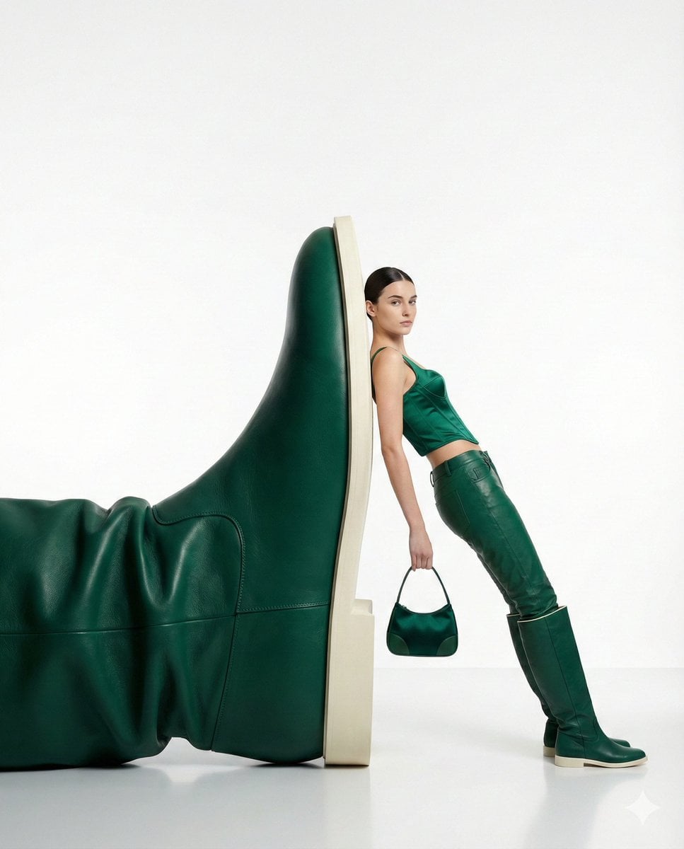 KI-generiertes Bild zum Modeeditorial einer Frau mit übergroßer grüner Stiefelskulptur im Studio
