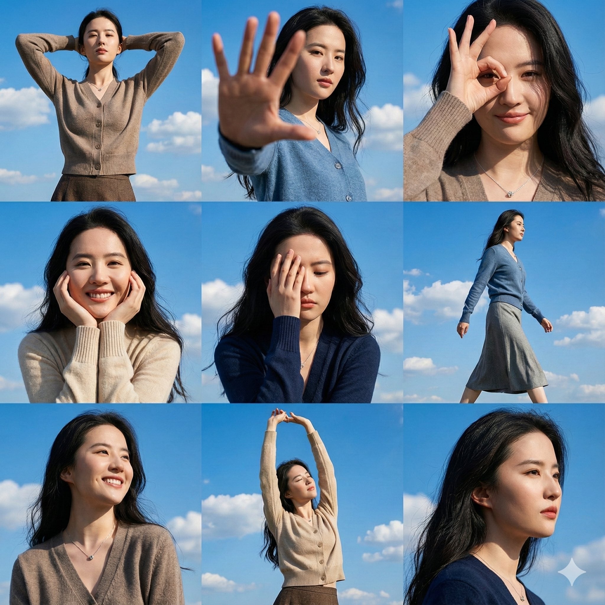 Mode-Model-Collage Azurblauer Himmel 9 Posen KI-generiertes Bild