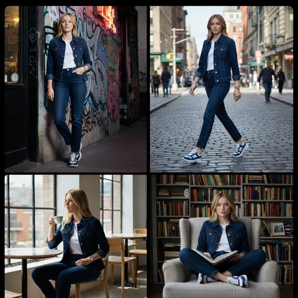 KI-generiertes Bild zum Mode-Fotoshoot einer Frau mit marineblauem Sitzsack im Studio