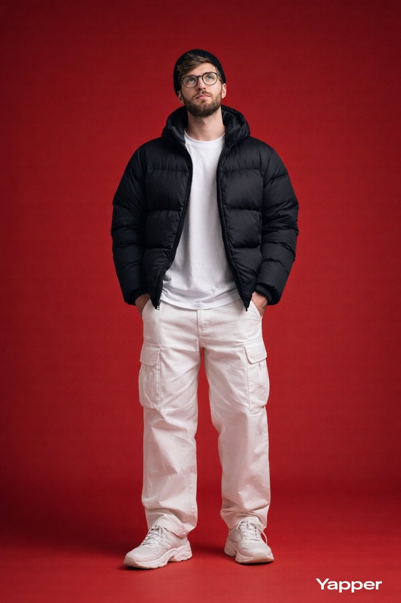 Retrat de moda de cos sencer en estudi d'un jove estilat amb ulleres i gorra de punt, que porta una jaqueta acolchada negra i pantalons cargo blancs, dret amb confiança amb les mans a les butxaques contra un fons vermell sòlid
