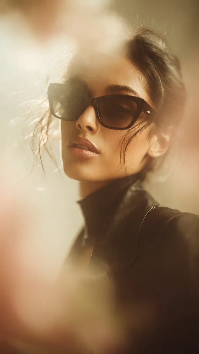 KI-generiertes Bild: Modeporträt einer Frau mit Katzenaugen-Sonnenbrille zur goldenen Stunde
