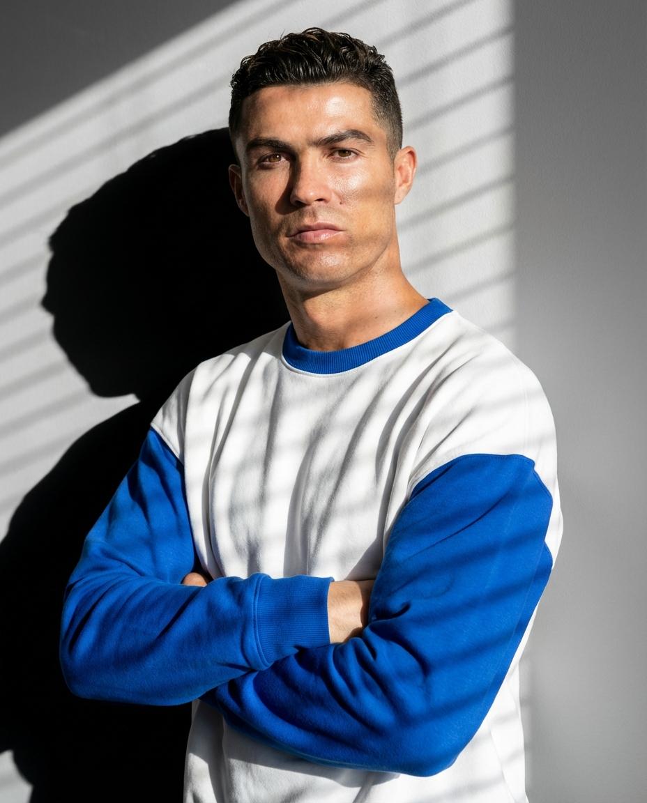 KI-generiertes Bild: Mode-Studio-Porträt eines selbstbewussten Paares in weißen Sweatshirts mit blauen Ärmeln