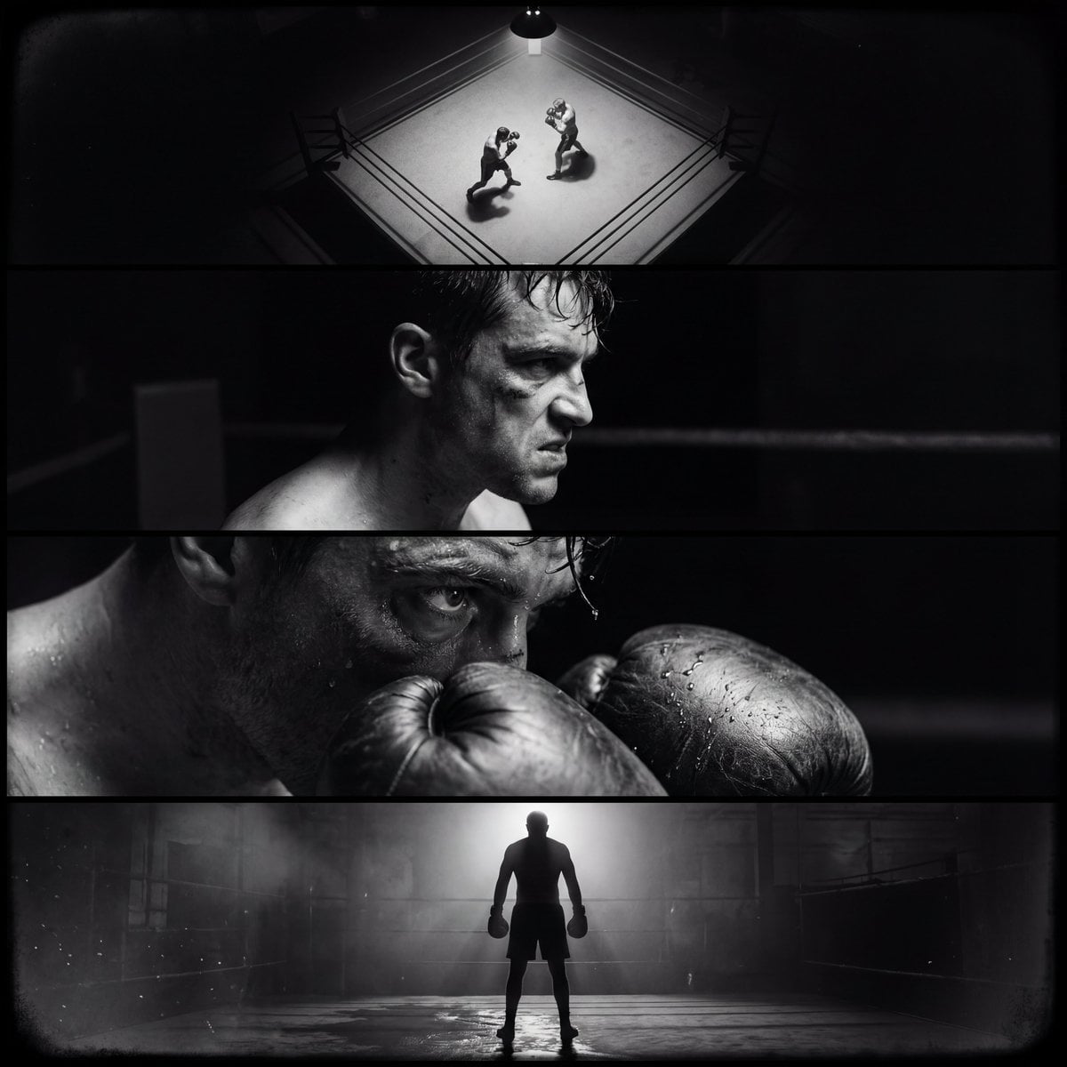 Film-Noir-Boxer-Vier-Panel-Storyboard, KI-generiertes Bild