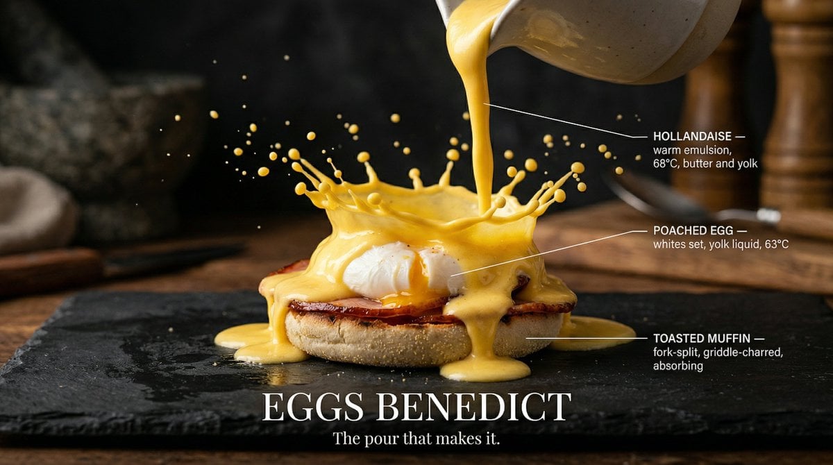 Ein Hochgeschwindigkeitsfoto eines Gourmetgerichts, über das von oben Flüssigkeit gegossen wird, mit schwebenden Tröpfchen, Spritzerkrone beim Aufprall und eleganten typografischen Beschriftungen auf einer matten Oberfläche