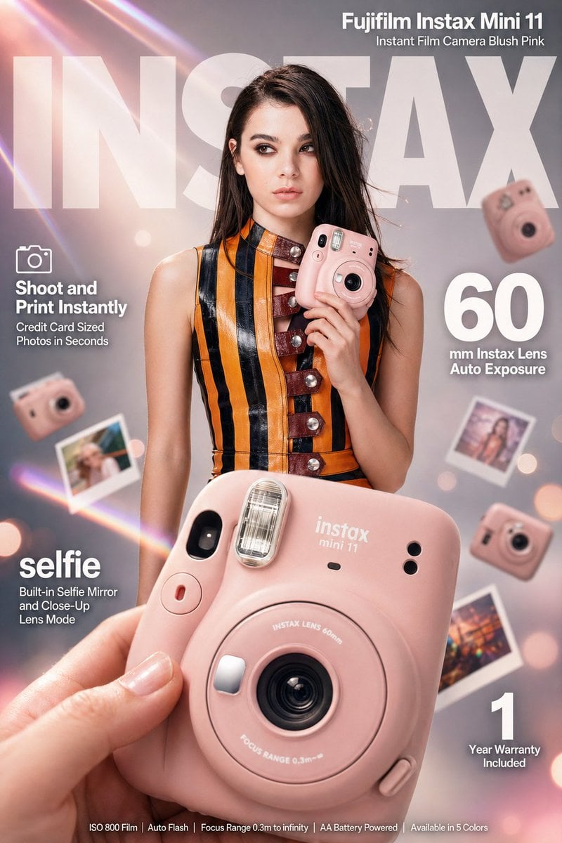Fujifilm Instax Mini 11 Lysrosa Kamera E-handelsannonse -generert bilde