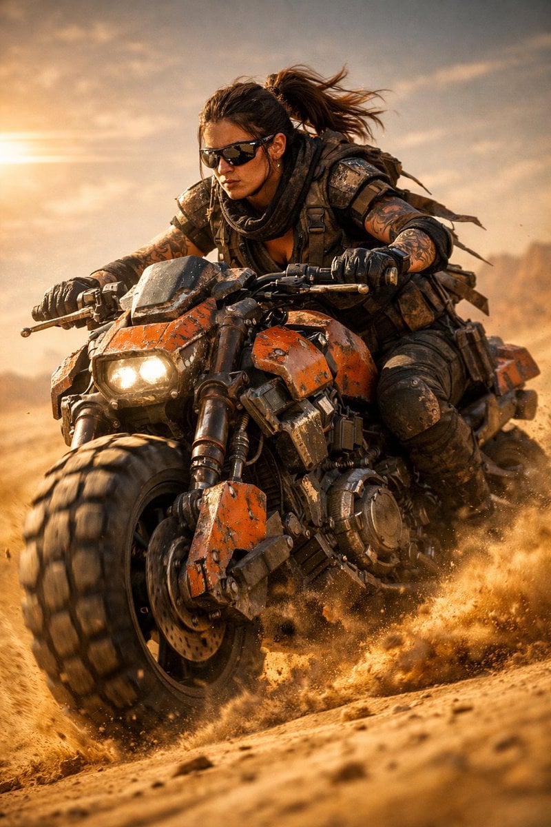 Imagine generată de cu Scena cinematică de motociclist futurist în deșert