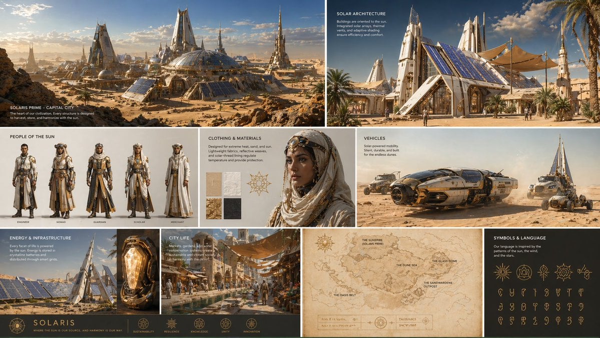 Construcció de món de civilització desèrtica futurista amb tecnologia solar, arquitectura, personatges, roba, vehicles i mapes en realisme cinematogràfic