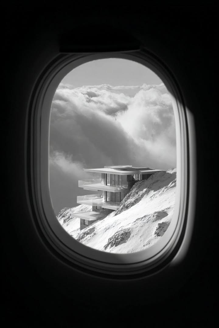 Futuristic House Mountain Snow Clouds Black And White