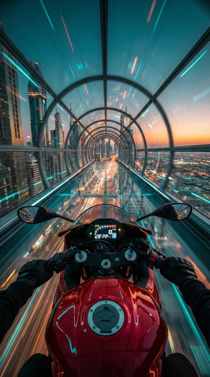 Futuristic Red Motorcycle Cyberpunk Tunnel Pov