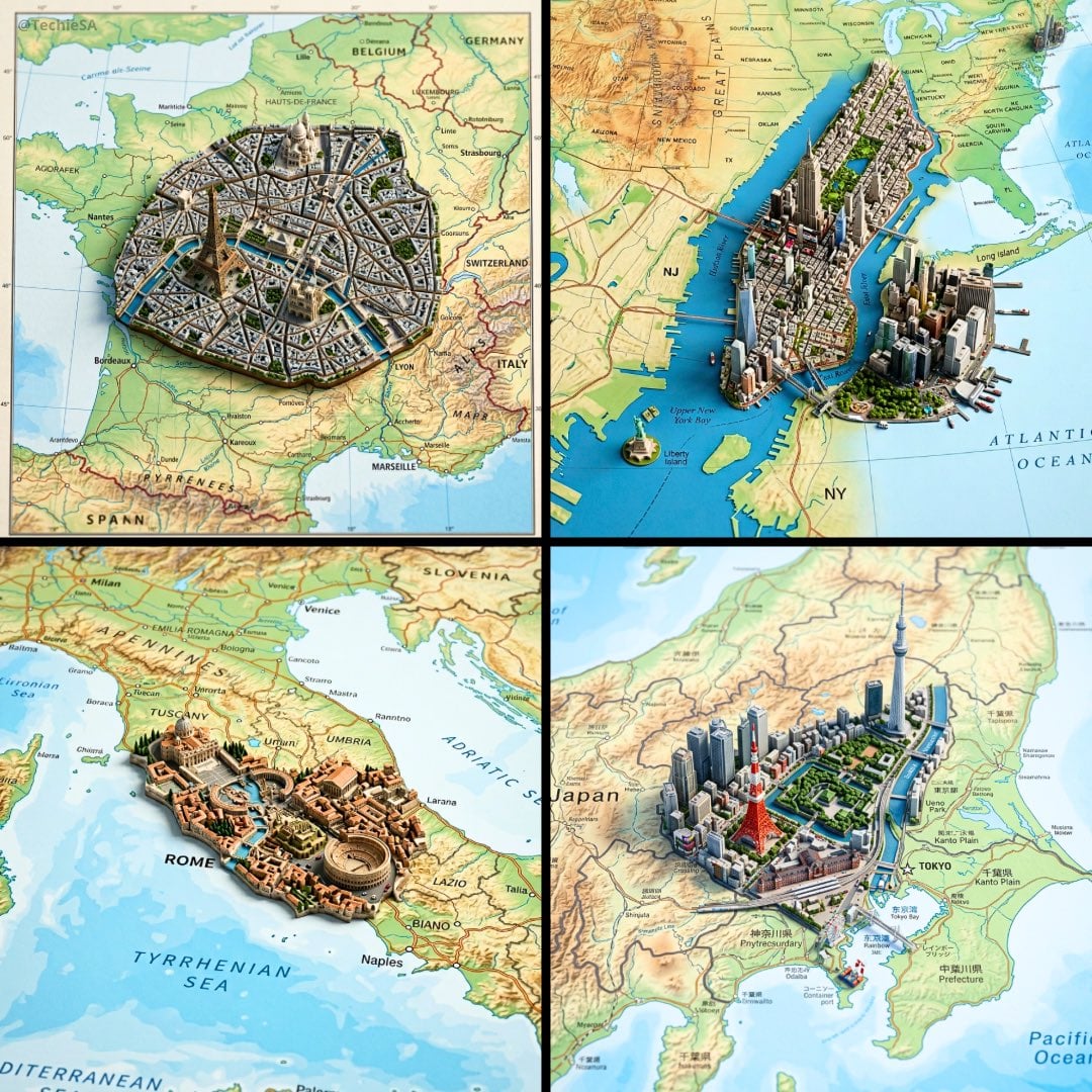 Zdjęcie z góry przedstawiające mapę geograficzną z bardzo szczegółową 3D dioramą miniaturowego miasta wyrastającą z jej powierzchni, z ikoniczną architekturą i zabytkami, płytką głębią ostrości obiektywu makro, miękkim oświetleniem studyjnym i realistycznymi teksturami w formacie kwadratowym