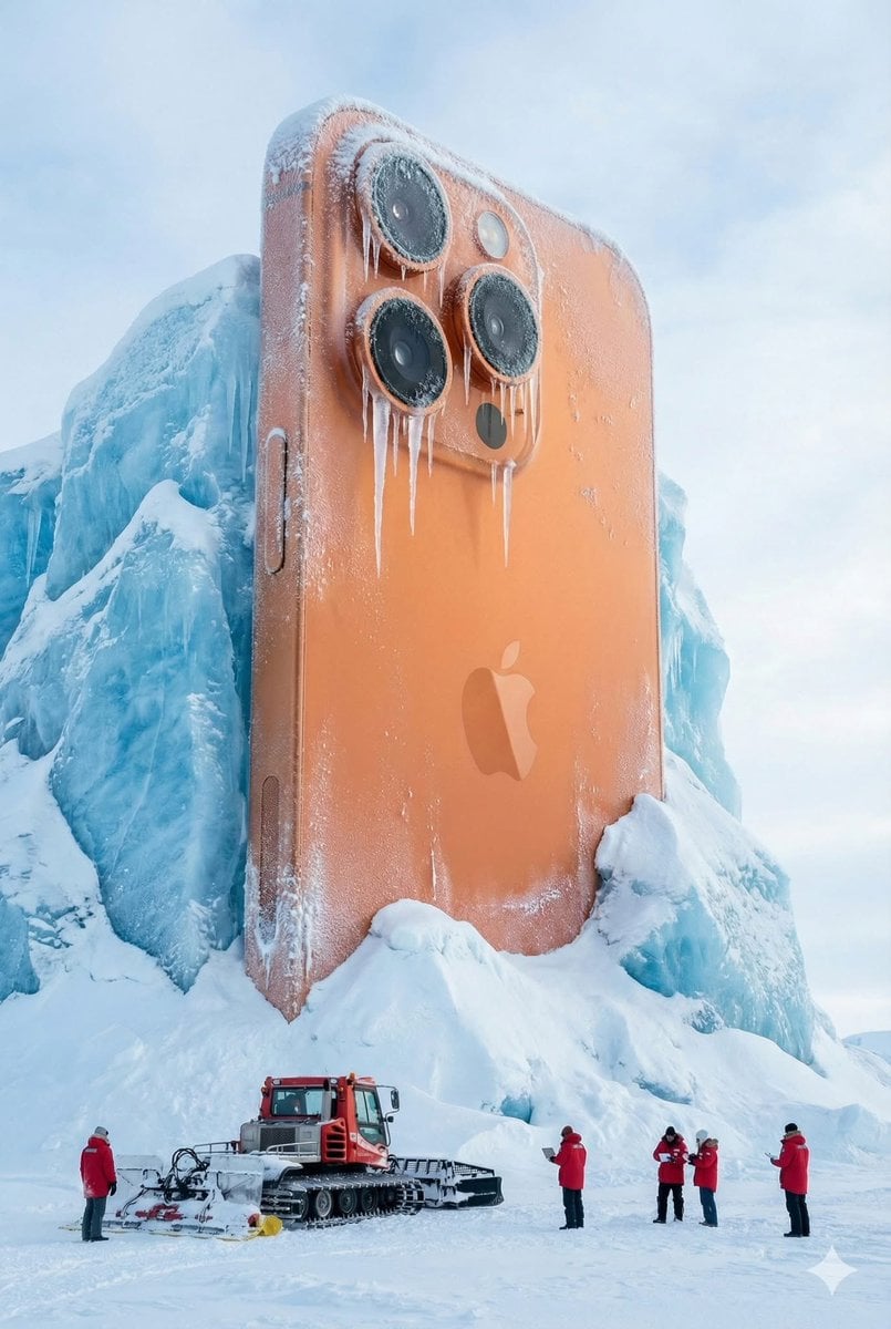 Photographie hyperréaliste prise sous un angle bas montrant un monument de canette de Coca-Cola géante partiellement enveloppé dans une épsse glace glacire bleue et de la neige, avec des stalactites de glace pendantes du bord, un véhicule dameuse et des scientifiques en parkas rouges à la base pour l'échelle dans un paysage arctique