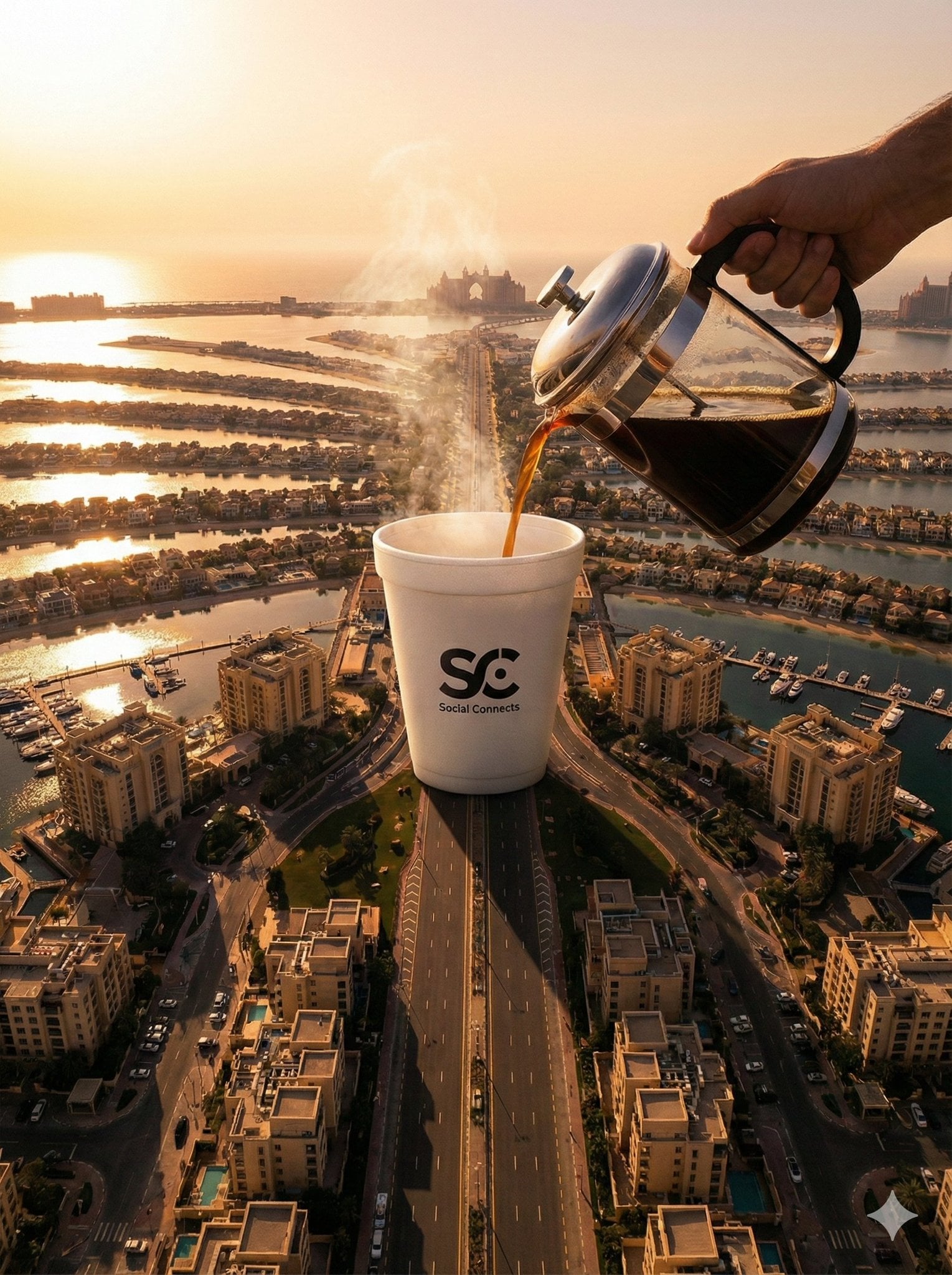Vedere aeriană a unui pahar uriaș de spumă alb cu branding, amplasat pe insula Palm Jumeirah din Dub la apus, cu cafea care se toarnă dintr-un cenic din sticlă și metal, lumina orelui de aur iluminând frunzele palmierului, portul și skyline-ul orașului, cu reflexii în apă