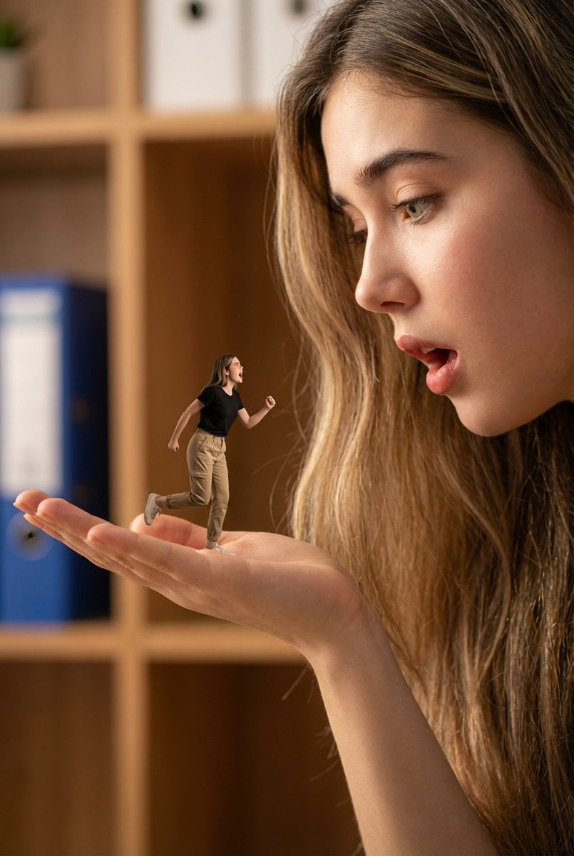 Riesenmann-Hand mit Miniaturperson im Effekt der erzwungenen Perspektive, KI-generiertes Bild
