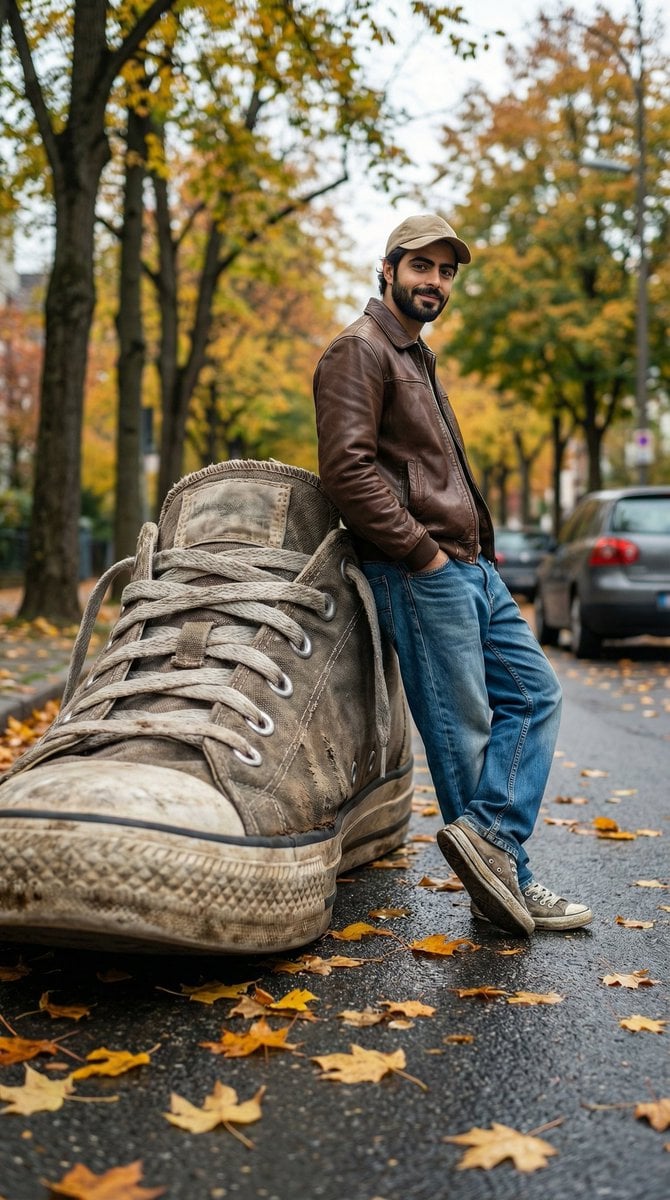 Imagine generată de cu sneaker uriaș și uzat pe stradă și perspectivă forțată