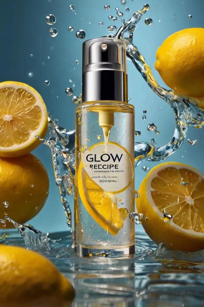 Eine schwebende mattierte Glas-Hautpflegeflasche mit der Aufschrift Glow Recipe Lemon Brightening Glow Serum 30 ml, umgeben von sprudelnden Zitronenwasserspritzern und schwebenden Zitronenscheiben vor einem weichen gelben Studiohintergrund mit filmischer kommerzieller Beleuchtung