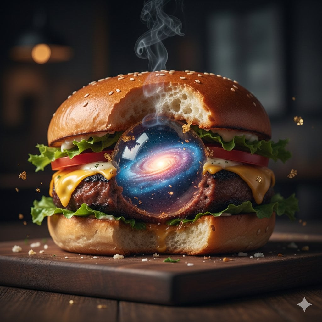KI-generiertes Bild: Gourmet-Burger, Biss in der Mitte