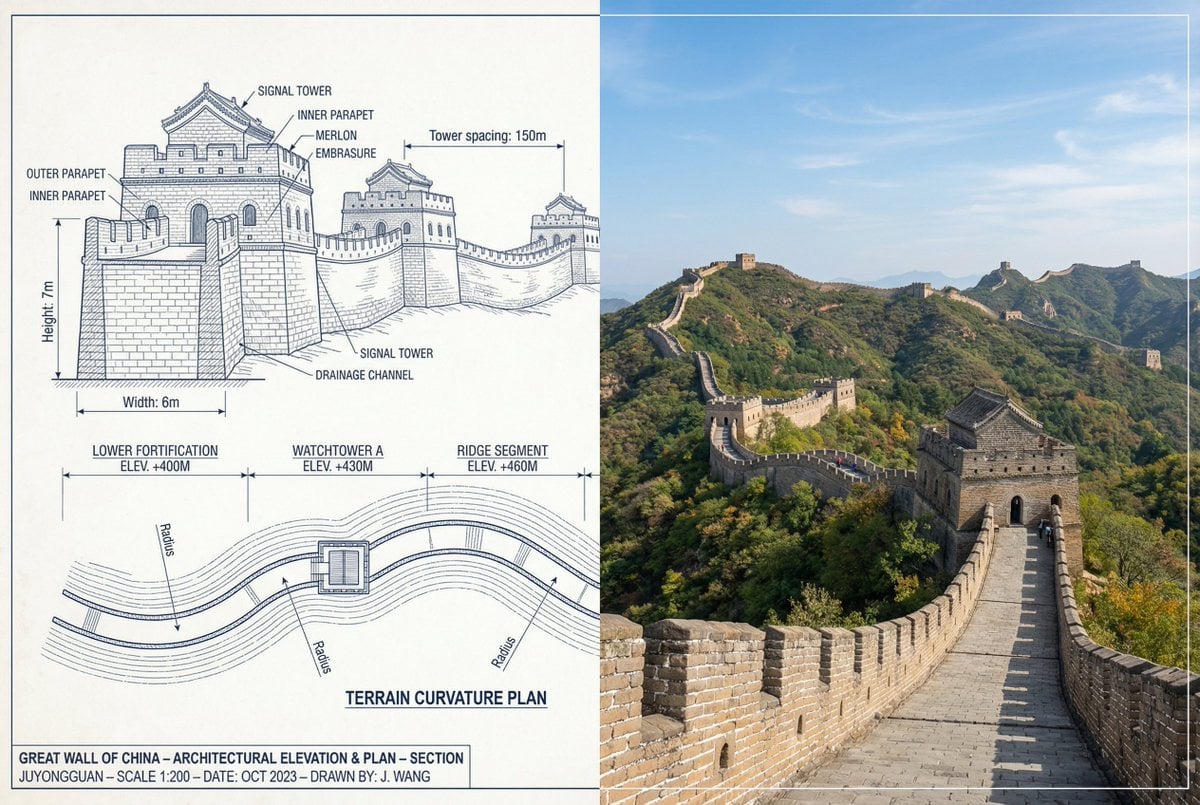 Comparație pe ecran împărțit al Marelui Zid Chinezesc, cu un desen de plan tehnic cu măsurători și adnotări arhitecturale în partea stângă și o fotografie panoramică a zidului pe munți în partea dreaptă