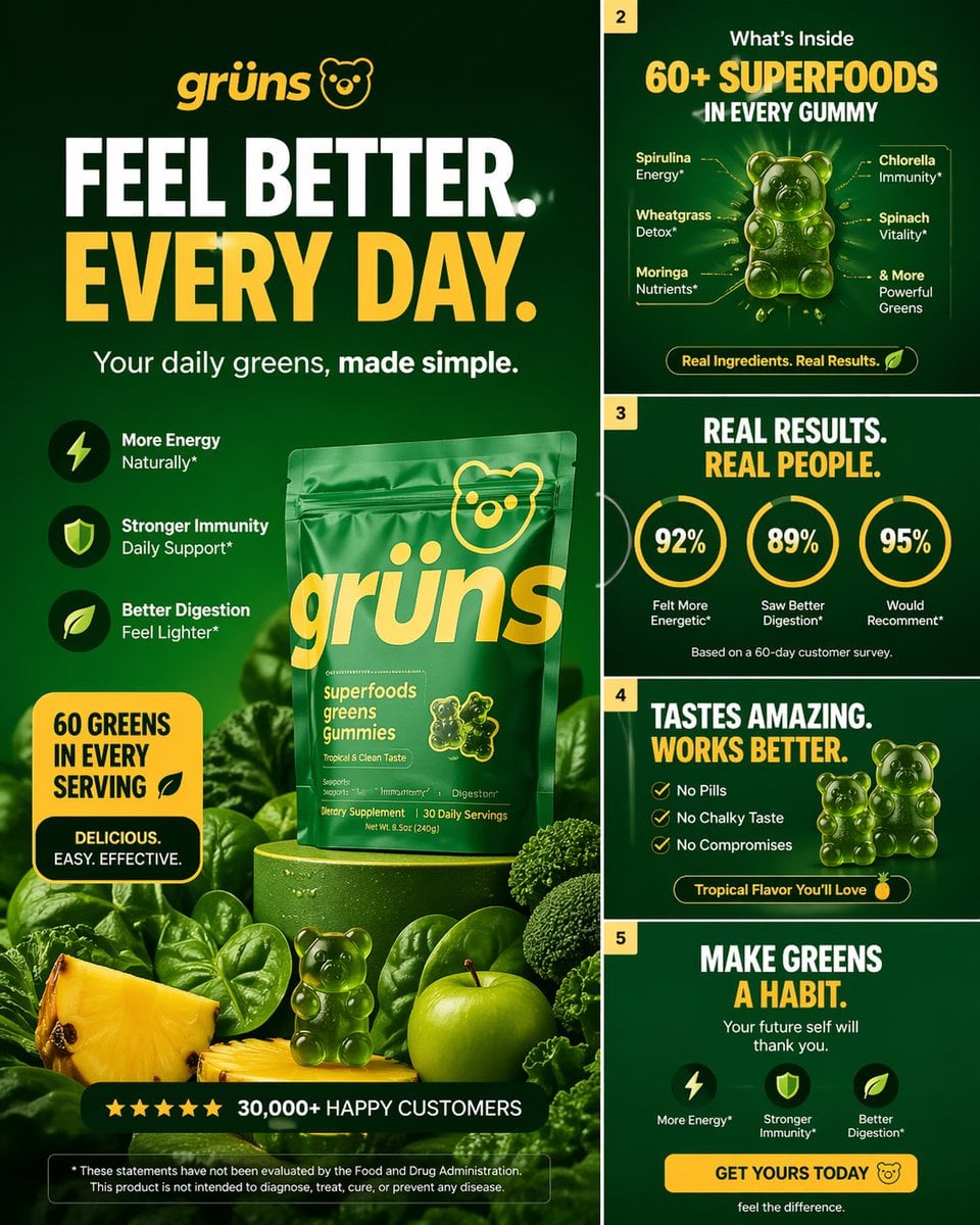 Ein vertikales Karussellbild für Premium-Grüns-Gummibärchen mit markantem Direktvertriebs-Branding, klarer Marketingbotschaft, moderner Designästhetik und mobileoptimiertem Layout im 4:5-Seitenverhältnis