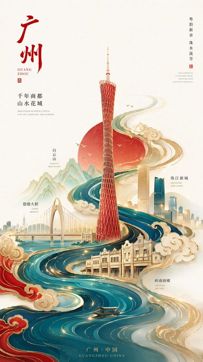 Imatge generada per IA del pòster minimalista d'estil xinès de Guangzhou