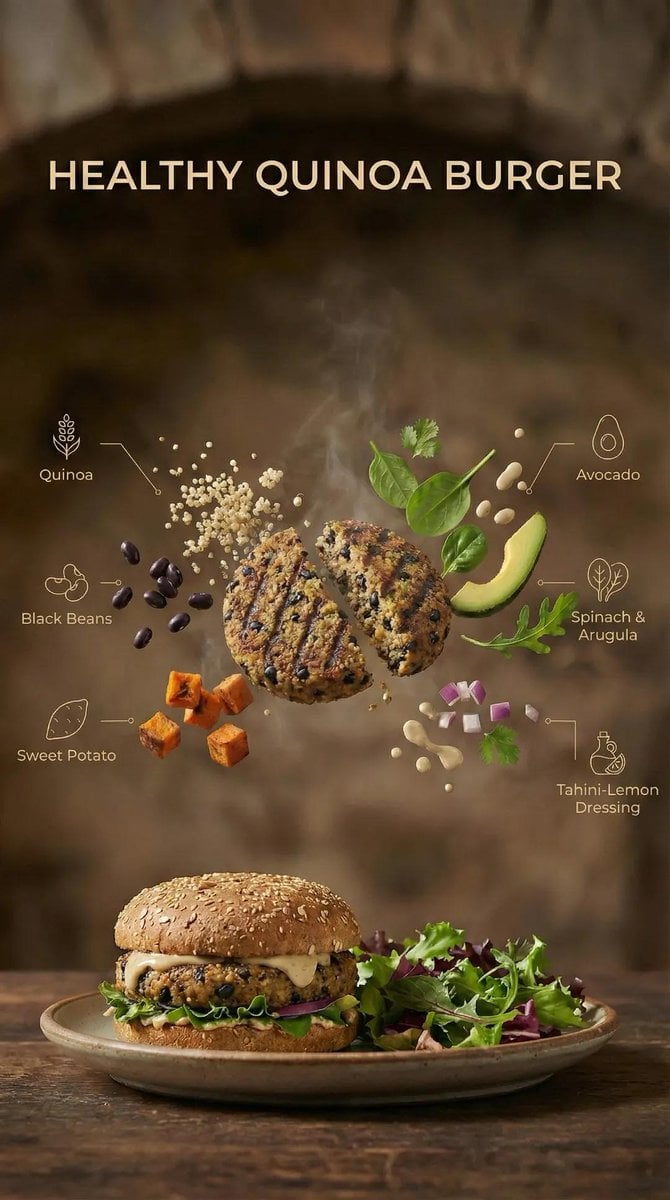 KI-generiertes Bild der Explosionsdarstellung eines gesunden Quinoa-Burgers