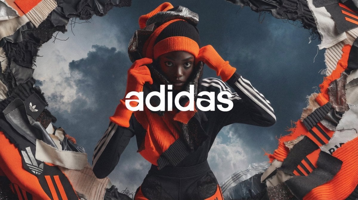 High-Fashion-Kampagnenplakat mit ausdrucksstarkem Model als Mittelpunkt, das ein charakteristisches Outfit trägt, umgeben von mehrschichtigen Collagen aus Materialmustern mit ausgefransten Rändern, surrealem atmosphärischem Hintergrund, cinematografischer Beleuchtung und überlagertem Serifen-Logo