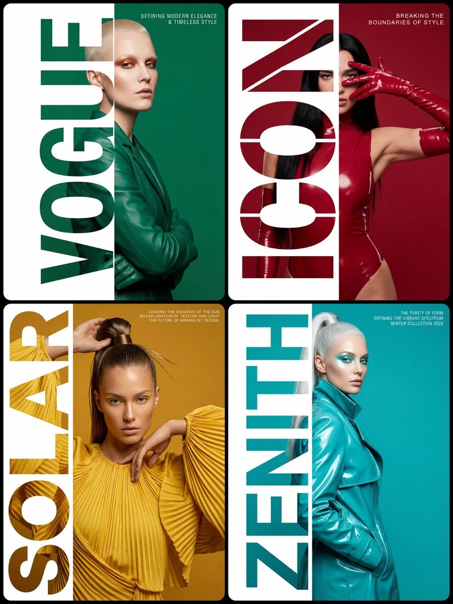 Pôster editorial de alta moda com composição dividida, apresentando mascaramento de tipografia ousado à esquerda que revela uma modelo, assunto completo à direita contra fundo sólido, acento de texto Helvetica Condensed, iluminação de estúdio, qualidade 8K