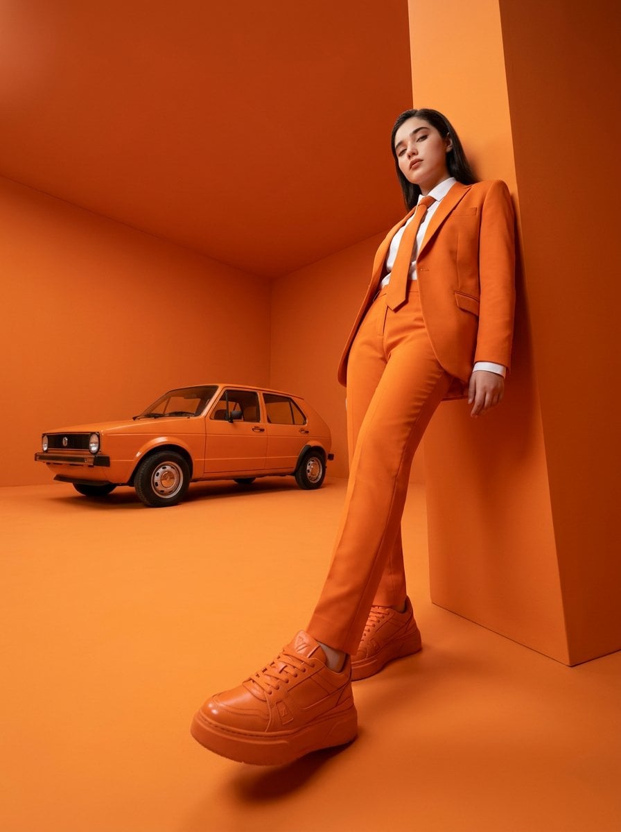 Imatge generada per IA de l'editorial de moda de luxe amb dona, vestit taronja i cotxe