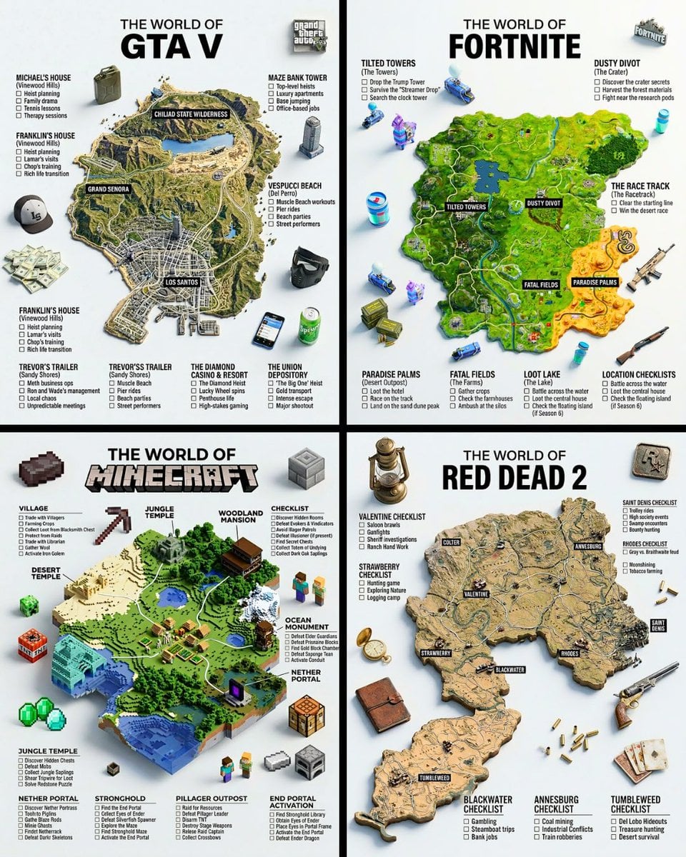 En hyperrealistisk 3D-spillguideplakat med et hevet terrengkart som flyter på en lys grå overflate, med detaljerte miniatyr-modeller av ikoniske steder, hvite stilinjer som forbinder destinasjoner, fet sted-merking og en sjekkliste-sidepanel, alt rendret i rent redaksjonelt design