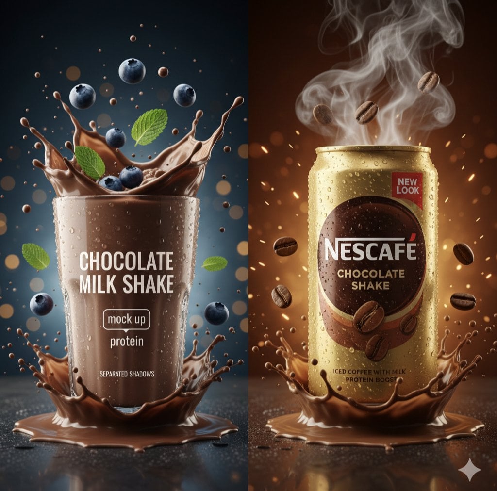 Ein vertikales Split-Screen-Foto, das links ein hohes Glas Schokoladenmilchshake mit dynamischen Spritzern neben einer goldmetallenen Nescafé-Dose mit explosiven Flüssigkeitseffekten rechts zeigt, beide auf einer reflektierenden nassen Oberfläche mit schwebenden Blaubeeren, Minzblättern, Kaffeebohnen und dramatischer Beleuchtung