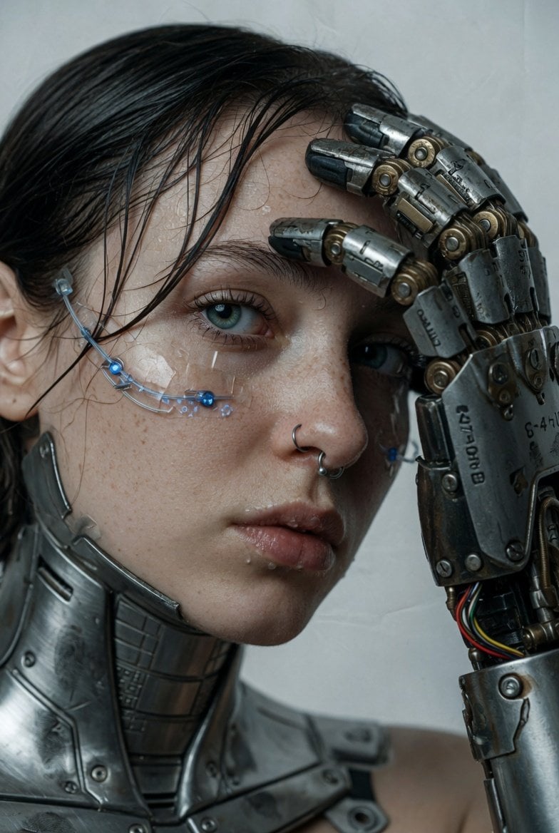 Extreme Nahaufnahme-Porträt einer jungen Frau mit heller, gefleckter Haut und blaugrünen Augen, mit einer großen mechanischen Prothesenhand mit verwitterten Texturen, Drähten und Hydraulikkolben nahe ihrem Gesicht, kybernetischem Draht über der Wange, Metallplatten an der Kieferlinie, weicher gerichteter Beleuchtung und neutralem grauem Studiohintergrund