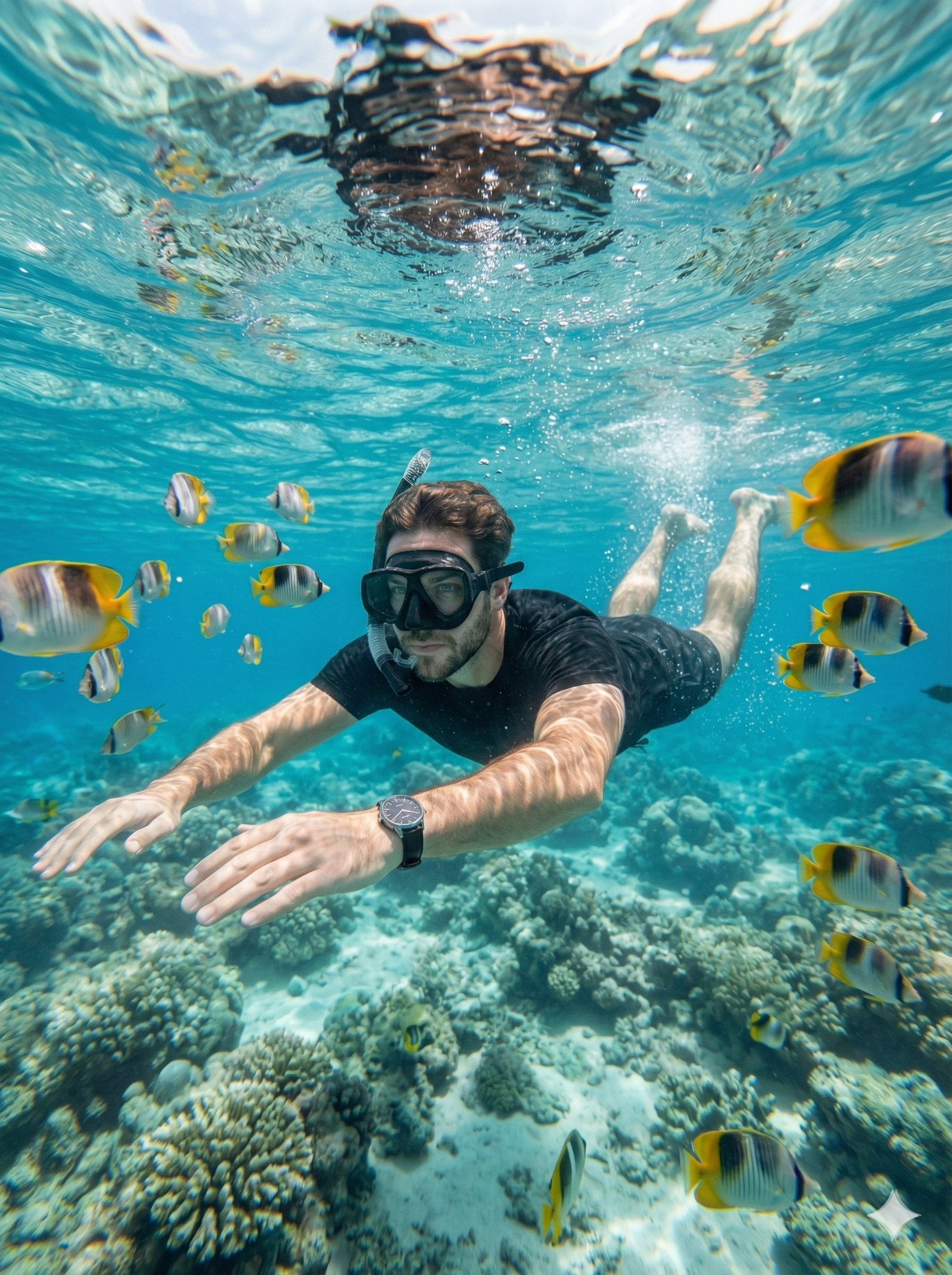 Hyperrealistisk undervandsportræt med snorkling, -genereret billede