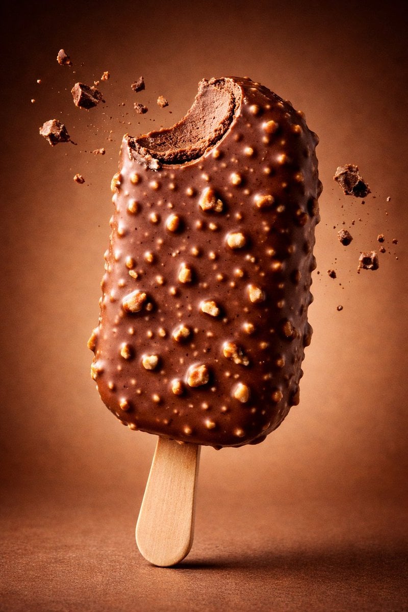 Hyperrealistische Lebensmittelfotografie Eiscreme-Schokoladen-Popsicle, KI-generiertes Bild