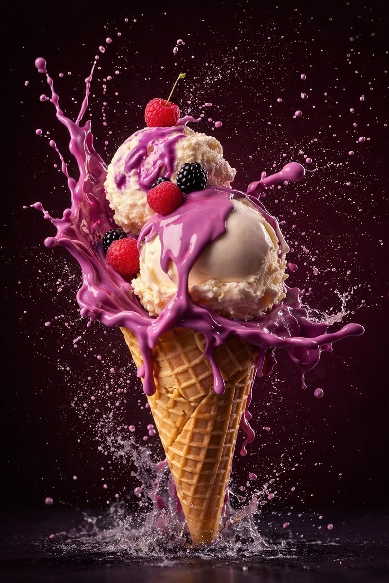 O colecție de trei fotografii hiperrealiste cu înghețată, care arată un cornet de vafe cu stropi de sos mov, un baton acoperit cu ciocolată cu detaliu de mușcătură și un popsicle de fructe roșii înconjurat de fructe proaspete, toate surprinse în iluminare profesională de studio cu detalii extreme de textură