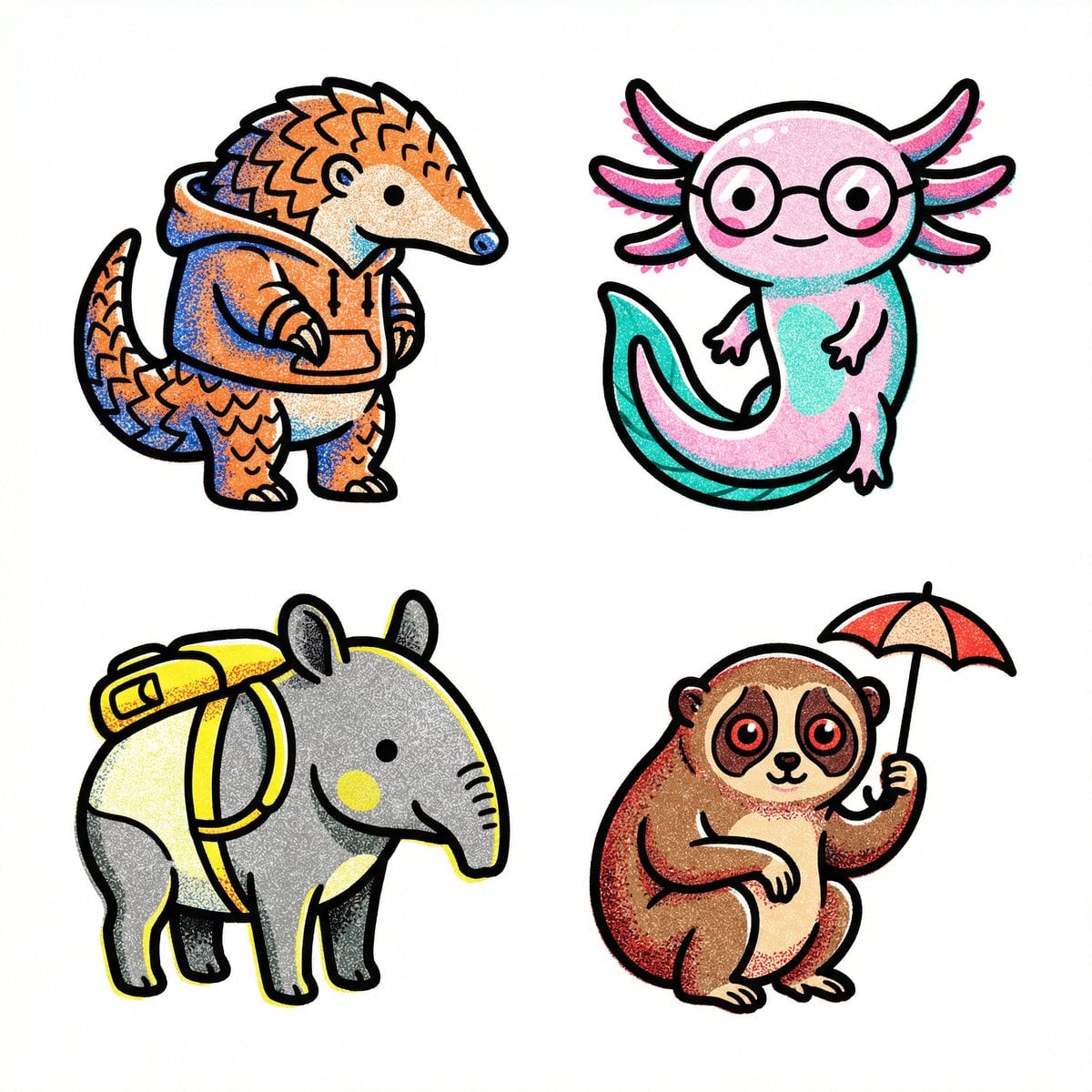 Imatge generada per IA de la quadrícula 2x2 d'icones Risograph