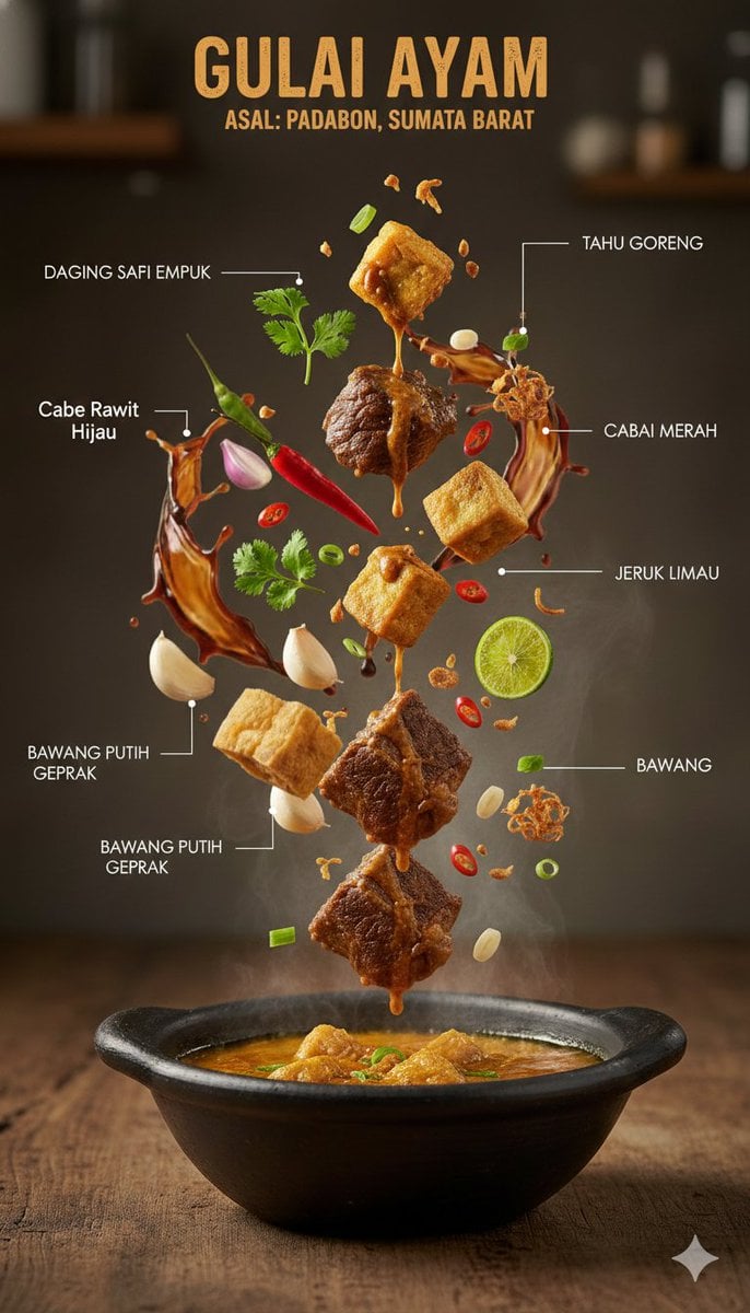 En vertikal matinfografikk med et tradisjonelt indonesisk serveringsbolge med en rykende rett i bunnen, med svevende ingredienser som kjøtt, tofu, urter, chili, lime, hvitløk og fritert sjalottløk som svever over, plassert på en rustikk trebordflate med indonesiske etiketter og hvite forbindelseslinjer