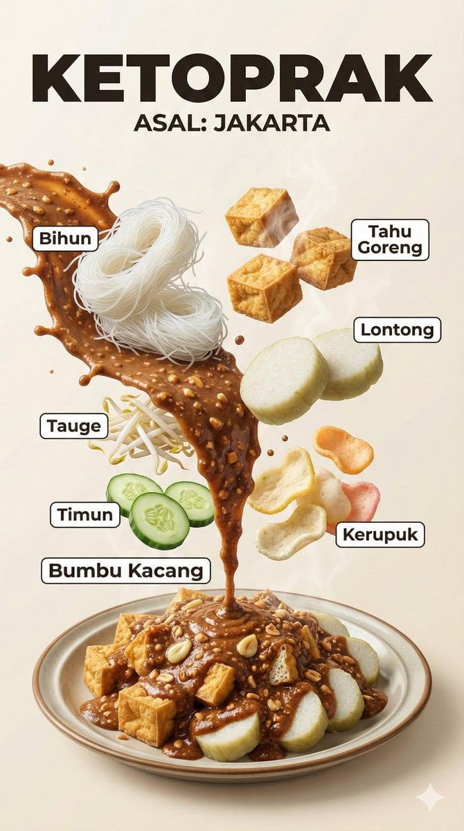 KI-generiertes Bild des indonesischen Lebensmittel-Infografik-Posters mit schwebenden Zutaten