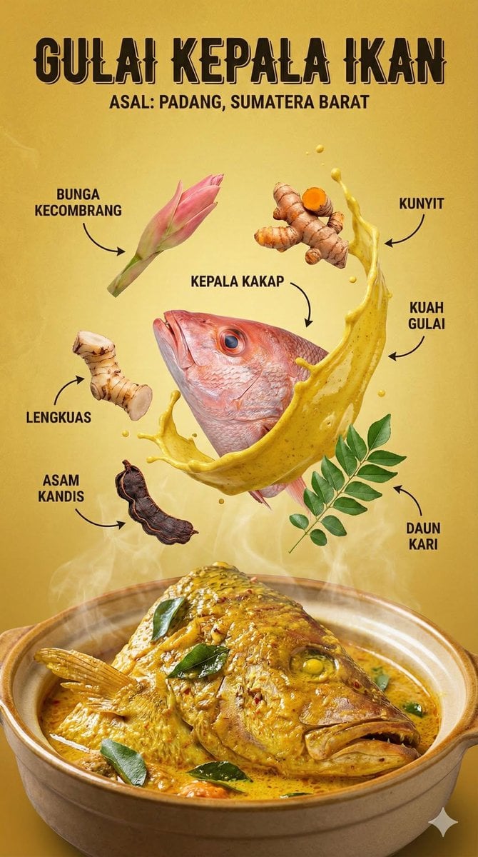 Vertikales Infografik-Poster zu traditioneller indonesischer Küche mit schwebenden Zutaten wie glänzendem Curry-Spritzer, frischen Kräutern, Gewürzen und aus der Schüssel aufsteigendem Dampf, reichem goldenem Studio-Licht, geringer Schärfentiefe