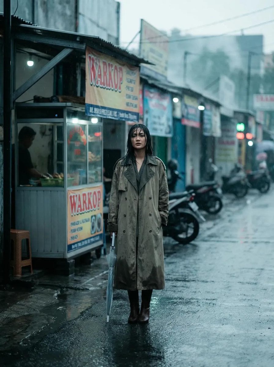 Indonesische Frau Modeeditorial Nasser Bürgersteig Warkop Regen KI-generiertes Bild
