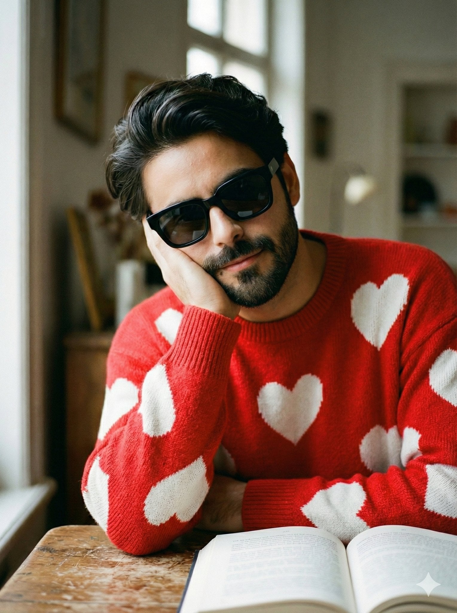 Intimate Man Red Sweater Reading Indoor Editorial