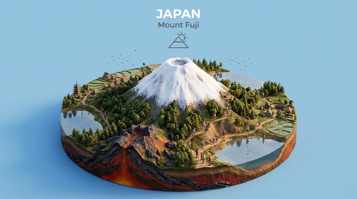 Diorama isométrique miniature 3D d'un site naturel emblématique présentant des terrns en couches, de la végétation et de minuscules figures stylisées sur une base surélevée, avec un éclrage atmosphérique doux et un fond uni