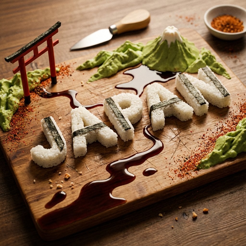 Una taula de xarcuteria amb forma de mapa del Japó elaborada amb ingredients comestibles: lletres d'arros de sushi amb nori, rius pintats amb reducció de soja i mirin, muntanyes de mousse de wasabi i alvocat amb el cim del Mont Fuji, costes espolvorejades amb la mescla d'espècies shichimi togarashi i una broqueta de porta torii vermella sobre fusta càlida amb il·luminació d'estudi