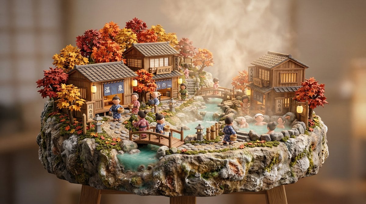Imatge generada per IA del diorama en miniatura del poble d'onsen japonès