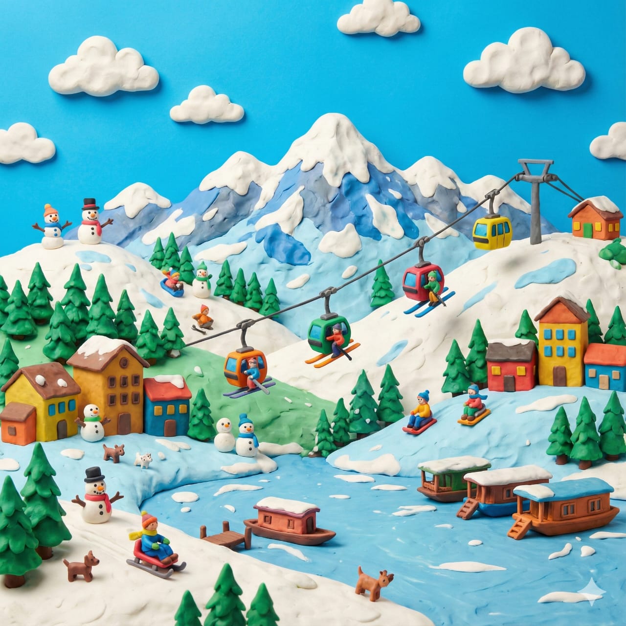 Een betoverend miniatuurdiorama van een herkenningspunt van een sneeuwval in Kashmir, met de hand gesculpt uit kleurrijke modelleerklei, met azuurblauwe hemel, crèmekleurige wolken, smaragdgroene bomen en gebouwen in warme tinten, met zichtbare vingerafdrukken en organische texturen, vastgelegd in een breed perspectief