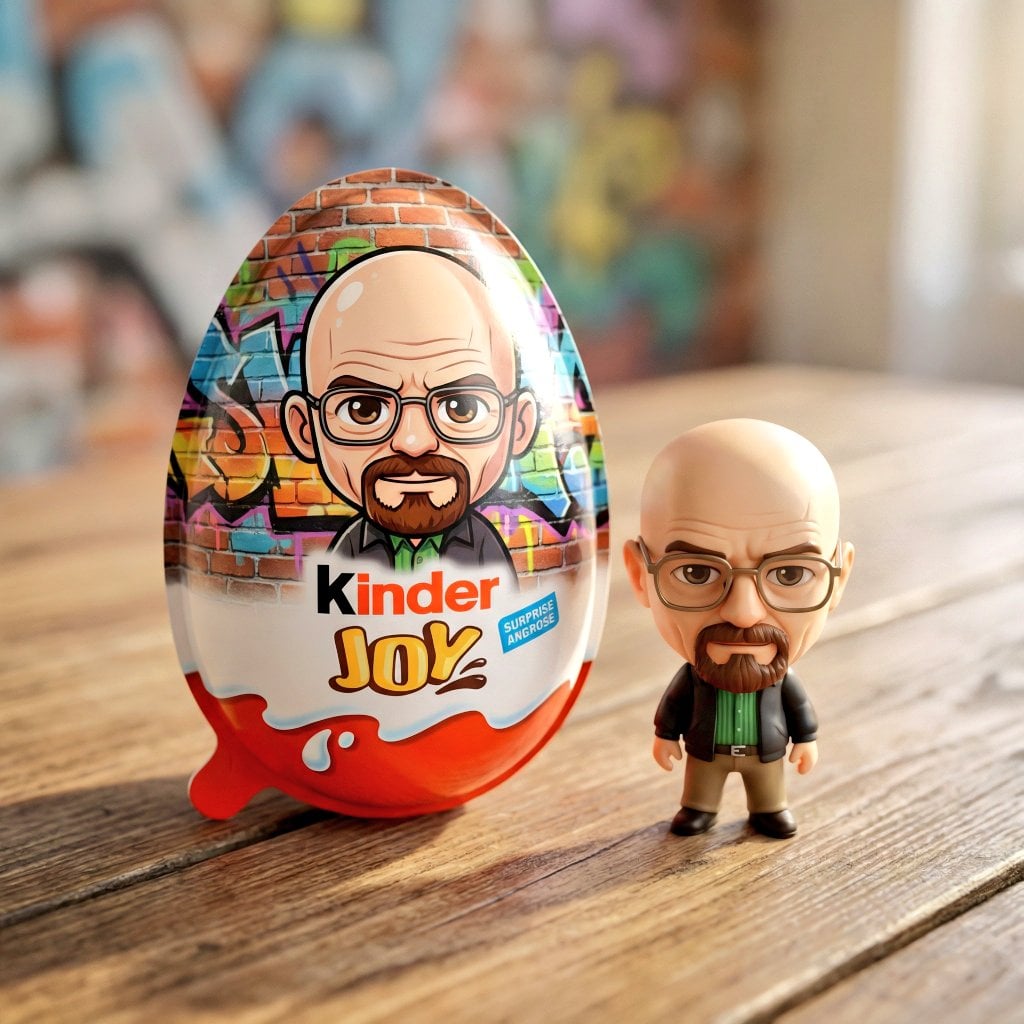KI-generiertes Bild von einem Kinder Joy Überraschungsei auf einem Holztisch vor einer Graffiti-Wand