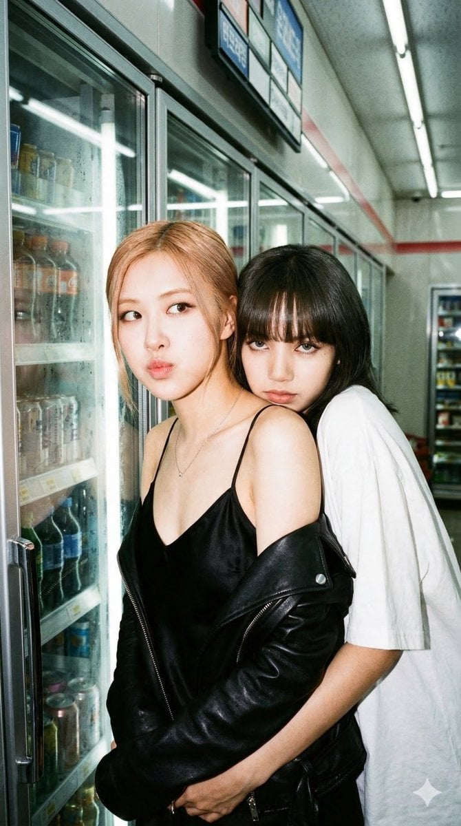Niedrigwinkel-Blitzfoto von zwei koreanischen Kpop-Frauen in einem Convenience-Store bei Nacht, Rosé in schwarzem Camisole mit Lederjacke an den Ellenbogen, Lisa in weißem T-Shirt hinter ihr, beide mit makelloser Haut, Hintergrund aus Kühlschrankglas