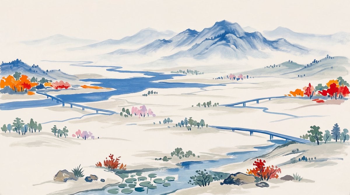 Landscape Painting Distant Mountains Waters Beige Blue Orange