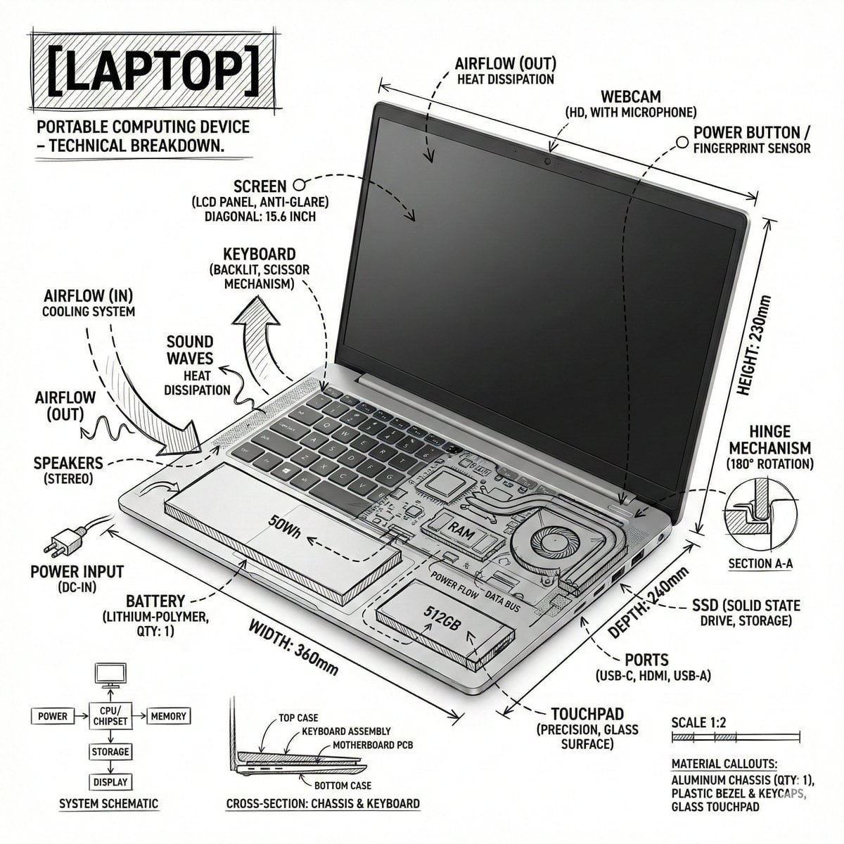 Laptop Technische Infografik Schwarz-Tusche-Skizze KI-generiertes Bild